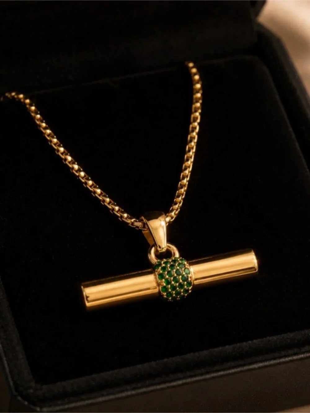 Gold Bar Pendant Necklace with Green Accent